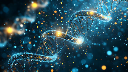 Poster - Vibrant DNA helix with glowing particles against a dark background