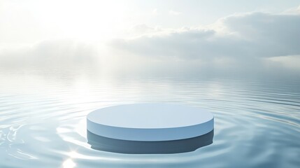 Aufkleber - Empty white circle podium placed on transparent calm water with ripples and sunlight splashes. Ideal for product presentations, cosmetic mockups, and nature-inspired designs.