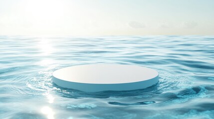 Aufkleber - Empty white circle podium placed on transparent clear calm blue water with splashes and waves in sunlight. Perfect for abstract nature backgrounds, product presentation, and cosmetic mockups.