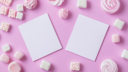 Poster - Flat lay of two blank white cards on a pastel purple kawaii backdrop, framed by sweet treats like candies and marshmallows. Perfect for invitations, childlike design, and crafting.