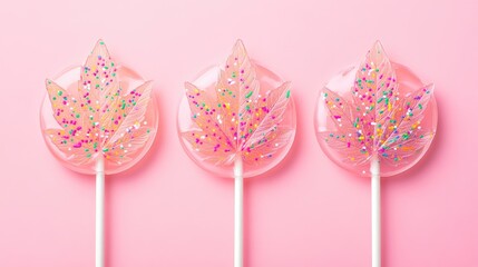 Poster - Fun and vibrant cannabis leaf-shaped lollipops with colorful sprinkles, placed on a soft pink pastel background, perfect for sweet treat advertising.