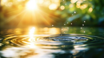 Poster - Gentle water ripples with warm golden sunlight reflecting off the surface, creating a peaceful, text-friendly background for wellness and beauty campaigns.