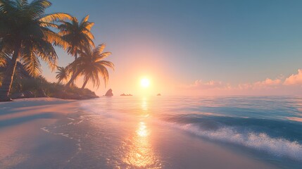 Wall Mural - Serene Sunset Beach Scene Palm Trees Ocean Waves