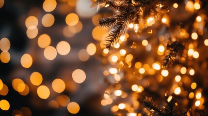 Poster - Golden bokeh lights glimmering on a black background, perfect for creative designs, modern art, and projects needing a magical, sparkling effect.