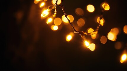 Poster - Golden bokeh lights glimmering on a black background, perfect for creative designs, modern art, and projects needing a magical, sparkling effect.