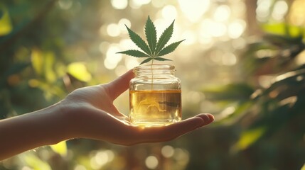 Poster - Hand holding a glass jar filled with CBD oil topped with a cannabis leaf, set against a sunlit blurred natural background. Perfect for wellness, holistic health, and organic wellness concepts.