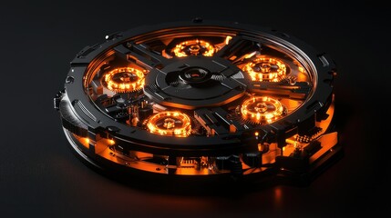 Poster - Futuristic circular device with glowing orange lights and intricate design
