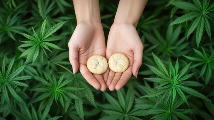 Hands holding two cannabis-infused cookies above lush green cannabis leaves, representing edible cannabis products and alternative wellness.