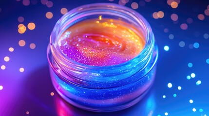 Poster - Holographic neon gel serum in red, orange, purple, and blue, resembling jelly liquid texture. Great for cosmic, surreal, and futuristic designs or beauty and skincare product backgrounds.