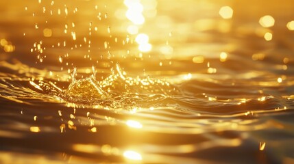 Poster - Hyper-realistic water ripple background with water droplets, captured with golden hour lighting, creating a soothing atmosphere for beauty and spa ads.