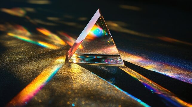 Iridescent light shining through a prism on a dark background, with colorful bokeh lens flare, ideal for creative, modern design and digital art.