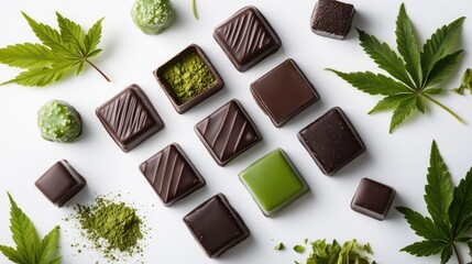 Poster - Luxury pralines, gourmet chocolates, and matcha treats on a white background, embellished with hemp leaves. Perfect for artisanal sweets and modern presentation.