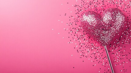 Poster - Magenta pink Valentine's Day background with 3D heart and silver confetti scattered across. Perfect for creating romantic celebration banners, flyers, and love-themed content with copy space.