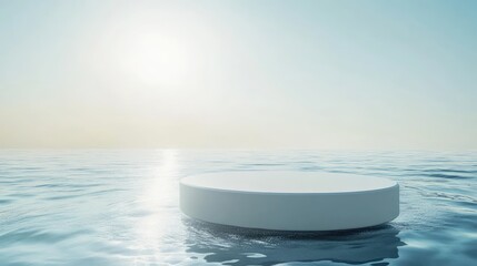Aufkleber - Minimalist scene with an empty white circle podium on tranquil blue water with gentle splashes and sunlight reflecting on the surface. Ideal for nature-inspired product presentations and mockups.