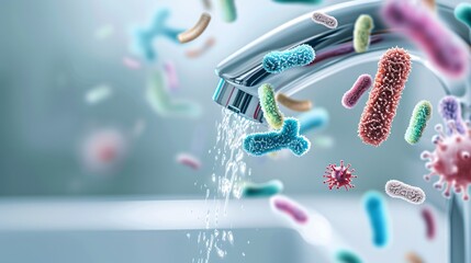 Poster - A close-up view of a bathroom faucet handle shows a multitude of colorful pathogens, illustrating potential contamination points in a household bathroom setting. The background is kept neutral,