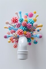 Poster - A bathroom faucet handle is shown teeming with colorful pathogens, highlighting a common germ hotspot. The clean and minimalistic background offers plenty of copy space for hygiene-related messages.