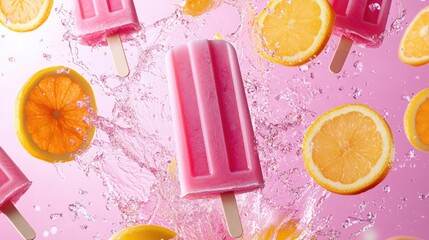 Poster - Pink and orange popsicles with fruit slices flying and splashes of liquid on a vibrant pink background, creating a refreshing summer food pattern for promotions.