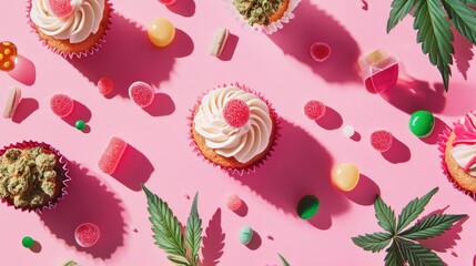 Poster - Playful and creative banner with cannabis-themed cupcakes, leaves, candies, and buds, ideal for wellness, CBD, and recreational use promotions on a pink background.