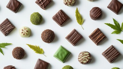 Poster - Top-down view of assorted gourmet chocolates, pralines, and matcha sweets on white, accented with decorative hemp leaves. Ideal for high-end confectionery and food styling.