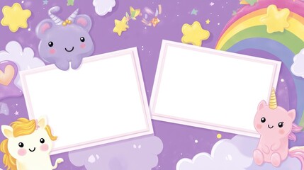 Poster - Two blank white cards surrounded by pastel purple kawaii cartoon animals and rainbows. Great for scrapbooking, baby photo books, or invitations with a cute, colorful design.