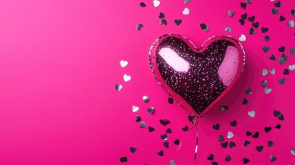 Poster - Valentine's Day background in bright magenta pink featuring a metallic heart and scattered silver confetti. Ideal for romantic events, love celebrations, and Valentine's day promotions.