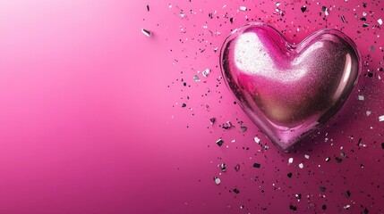 Poster - Valentine's Day background in bright magenta pink featuring a metallic heart and scattered silver confetti. Ideal for romantic events, love celebrations, and Valentine's day promotions.