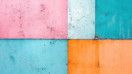 Poster - Urban wall with grungy, colorful textures in teal, pink, blue, and orange, perfect for creative design projects, mockups, and digital backgrounds in a street style theme.