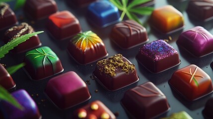 Poster - Vibrant cannabis-infused chocolates with colorful toppings and hemp leaves, perfect for gourmet designs and edible cannabis art.