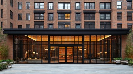 Poster - Modern building facade with glass entrance and brick walls.