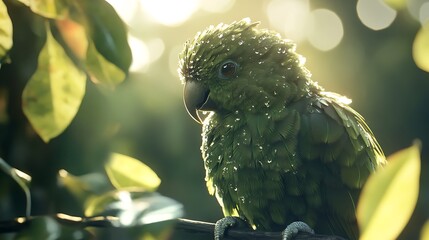 Wall Mural - Green parrot perched on branch, rain droplets on feathers, backlit sunlight.