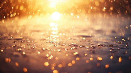 Poster - Water droplets on a blurred background with detailed ripples, bathed in golden sunlight, perfect for beauty and wellness spa promotions.