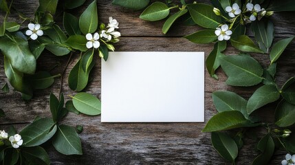 Poster - White blank card on a wooden surface with nature-inspired composition of green leaves and white flowers, ideal for eco-friendly invitations and organic branding.