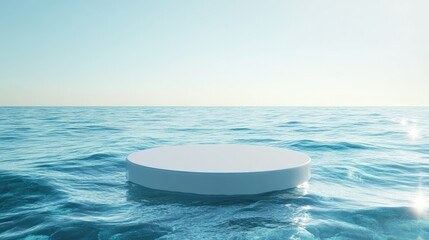Poster - White circular podium positioned on calm, clear blue water texture with waves and sunlight creating a serene atmosphere. Ideal for showcasing beauty products, cosmetic mockups, and presentations.