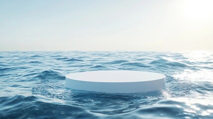 Poster - White circular podium positioned on calm, clear blue water texture with waves and sunlight creating a serene atmosphere. Ideal for showcasing beauty products, cosmetic mockups, and presentations.
