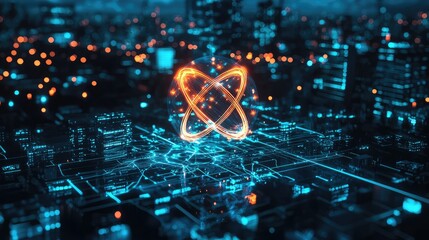 Poster - Futuristic city skyline with glowing atom symbol and technology concept