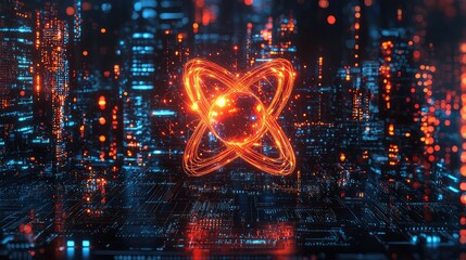 Poster - Abstract Digital Atom Symbol in Futuristic Cityscape Background