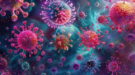 Poster - Vibrant and Detailed Illustration of Colorful Virus Particles