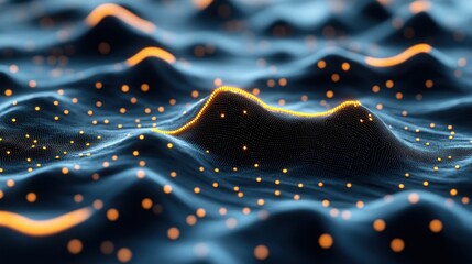 Poster - Abstract representation of waves with glowing particles.