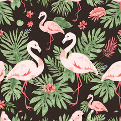 Naklejka na meble Whimsical seamless pattern with pastel flamingos and tropical leaves, perfect for a soft summer vibe.