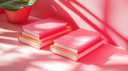 Poster - Pink books on a table with a plant in soft light.