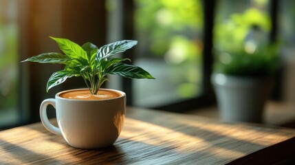 Wall Mural - Coffee cup with plant sprout on wooden table by window.