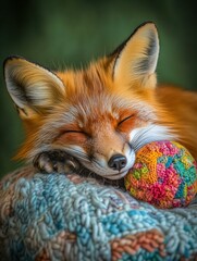 Wall Mural - A red fox naps peacefully on a cozy knitted blanket with a colorful ball. AI.