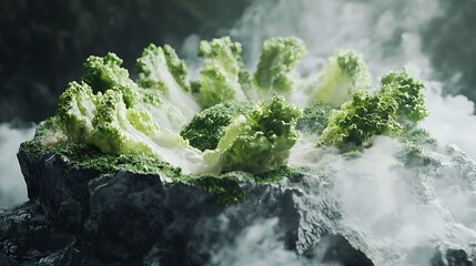 Wall Mural - Lettuce Grows on Mossy Rock in Misty Setting