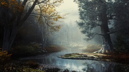 Canvas Print - Enchanted Forest River: A Serene Autumn Landscape