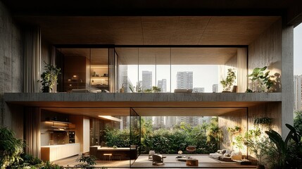 Poster - Modern architectural design with lush greenery and city views.