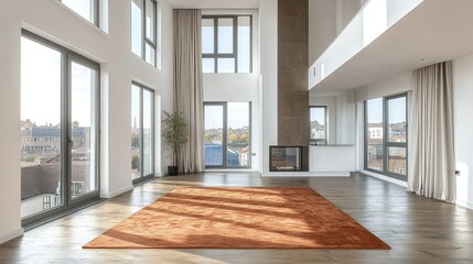 Poster - Spacious modern interior with large windows and fireplace.