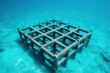 © artchvit - Ocean conservation sustains ecosystems with renewable practices. Underwater structure with grid pattern in clear blue ocean water