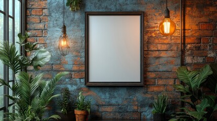 Wall Mural - Vintage Loft Interior with Blank Frame and Plants