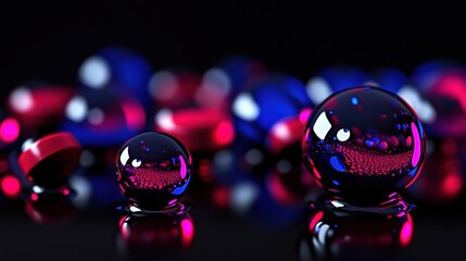 Poster - Colorful glass spheres in red and blue hues reflect light against a dark background, creating an artistic and vibrant visual effect.