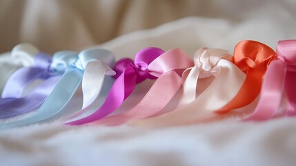 Canvas Print - Colorful satin ribbons tied in bows on white fabric.